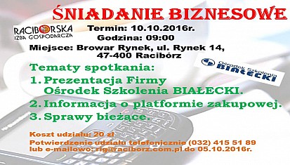 Kolejne śniadanie biznesowe - 10.10.2016r. godz. 09:00