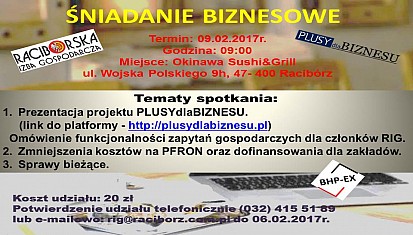 Zapraszamy na śniadanie biznesowe - 09.02.2017r. godz. 09:00