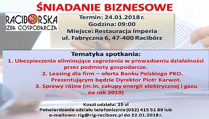 Zapraszamy na Śniadanie Biznesowe - 24.01.2018 r. godz. 09:00 w Restauracji Imperia