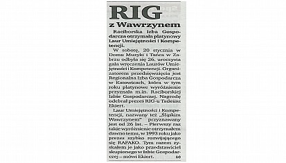 Platynowy Laur Kompetencji dla RIG